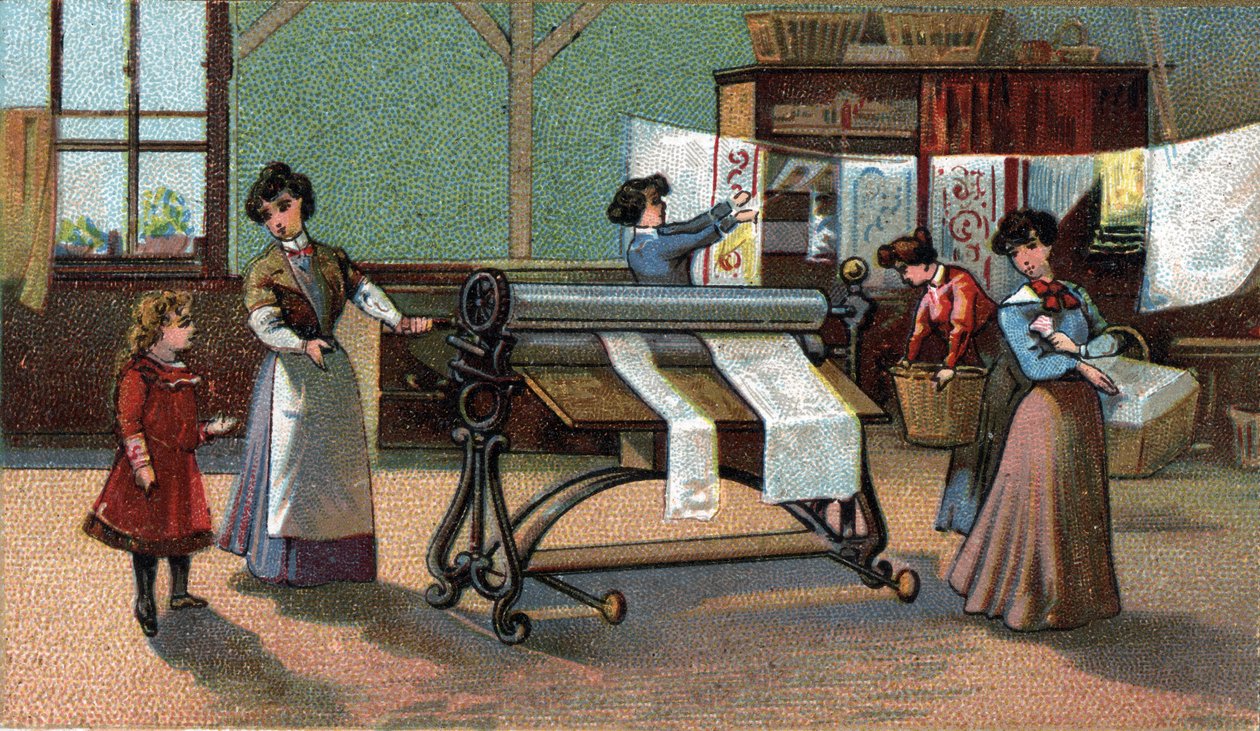 Máquina planchadora. (planchado). Cromolitografía de finales del siglo XIX. de Unknown artist