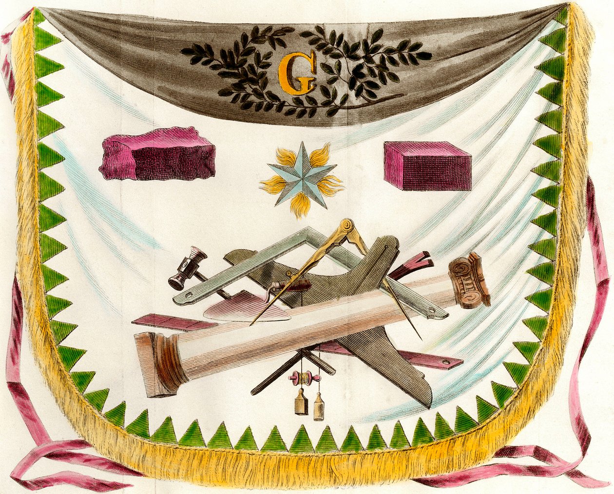 Delantal masónico francés que representa símbolos de la masonería. Grabado del siglo XIX. Colección privada de Unknown artist