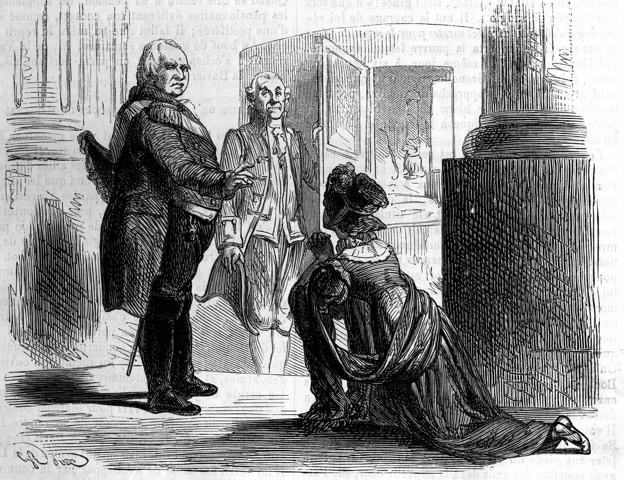 Madame la Condesa de Labedoyere de rodillas ante Luis XVIII Rey de Francia. de Unknown artist