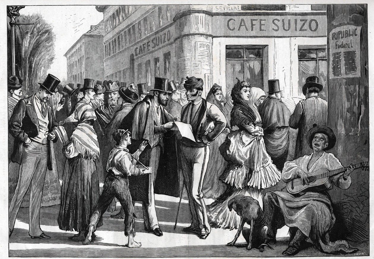 Madrid en 1873. Paseantes en la esquina de la Calle Sevilla y la Calle Alcalá. Grabado de 1873. de Unknown artist