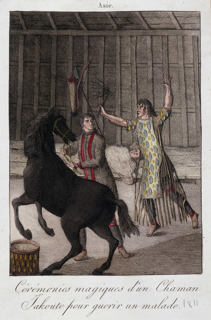 Ceremonia mágica de un chamán Yakoute (Yakoute) para curar a un enfermo (Siberia) - grabado, principios del siglo XIX de Unknown artist