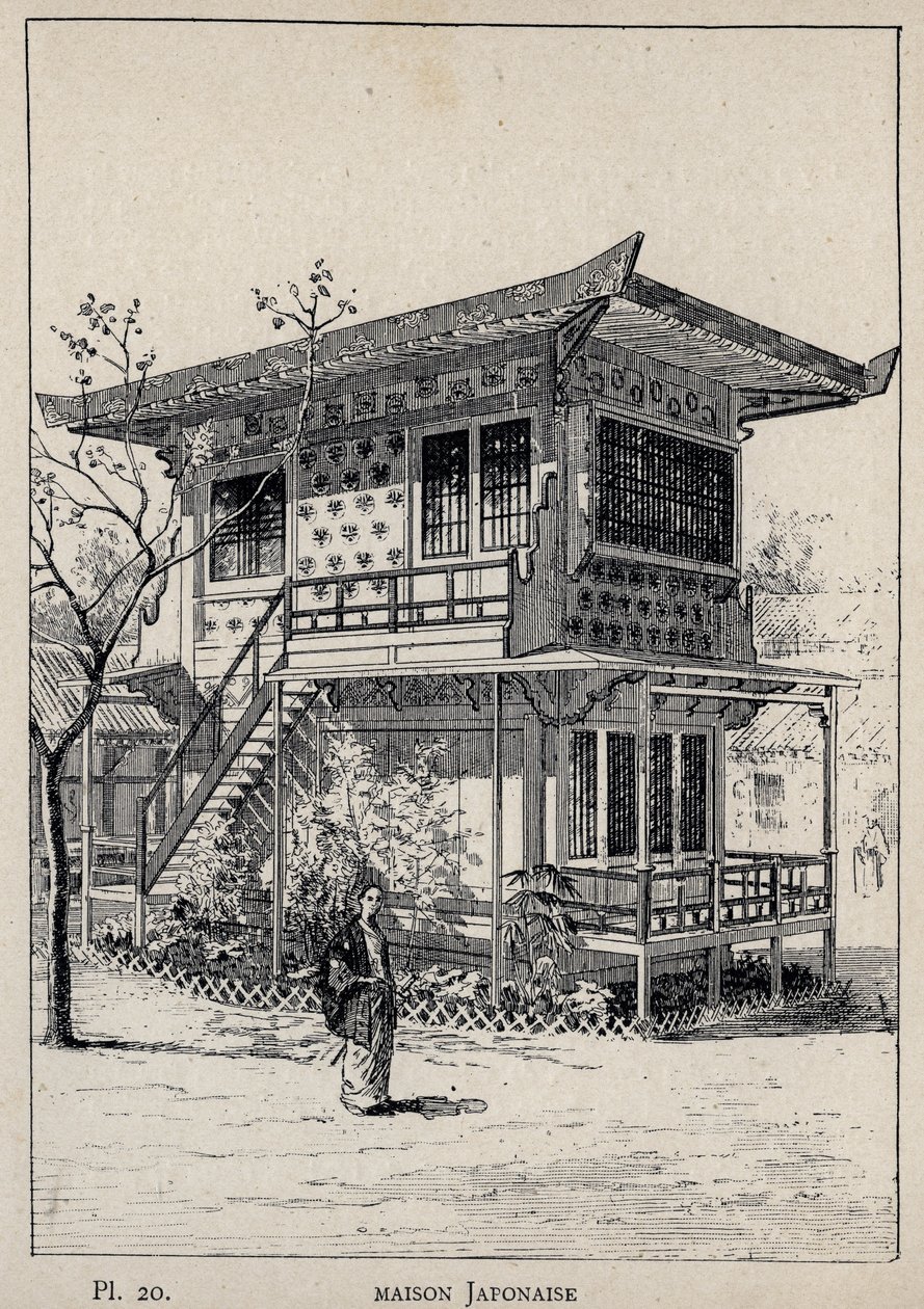 Maison Japonaise (Casa japonesa) - grabado de 1889 en “Historia de la habitación humana en la Exposición Universal de 1889, por el Sr. Charles GARNIER - Librería central de bellas artes París 1889 de Unknown artist