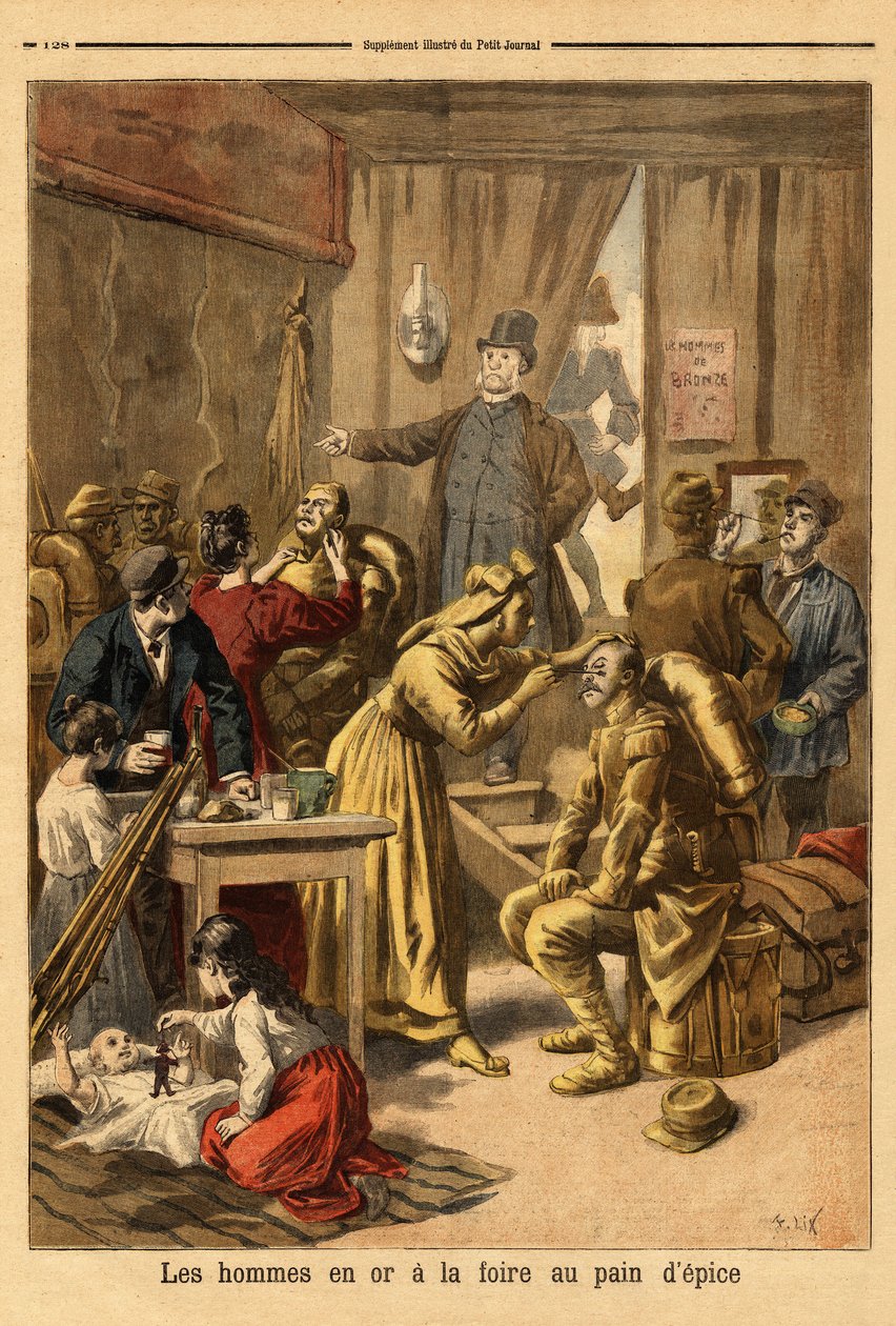 Maquillaje de actores de una pintura viviente “hombres en oro” para la feria del pan de jengibre. Grabado en “Le petit journal” 16/04/1894. Colección Selva de Unknown artist