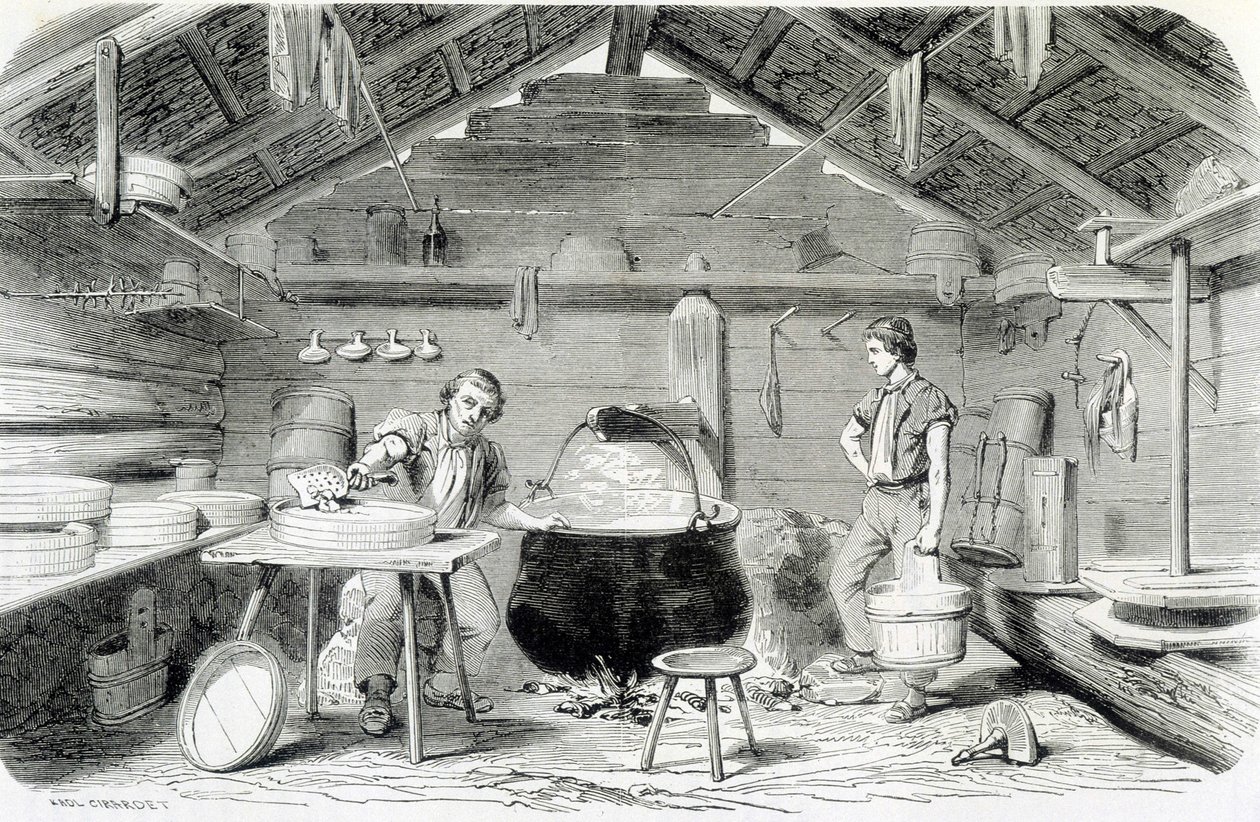 Elaboración de queso Gruyère en un chalet suizo, o quesería en los Alpes - en “Las maravillas de la industria” de Louis Figuier de Unknown artist