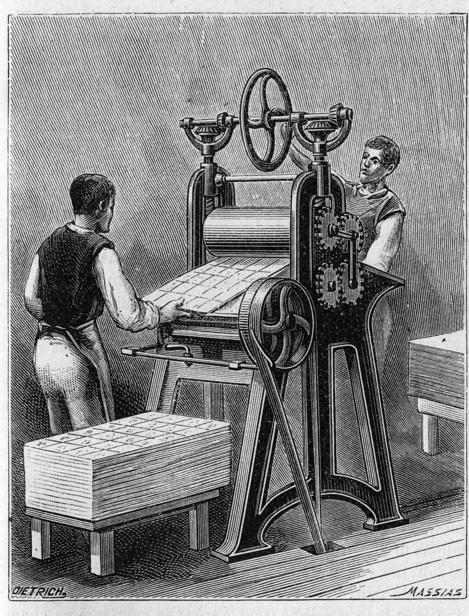 Fabricación de cartas para jugar por métodos antiguos. Cilindro de cartas de juego. Grabado de 1893 de Unknown artist