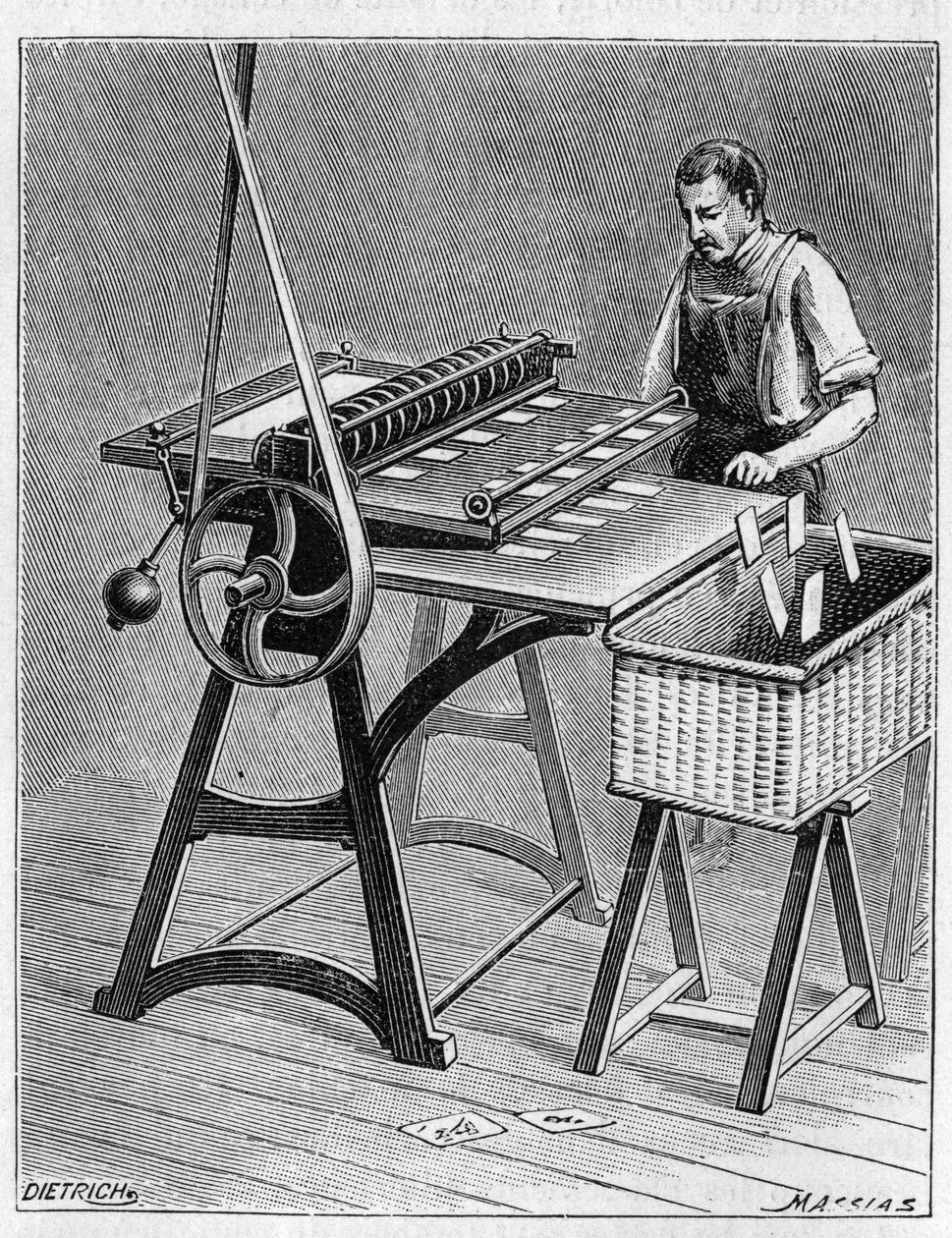 Fabricación de cartas para jugar por métodos antiguos. Recorte de cartas de juego. Grabado de 1893 de Unknown artist