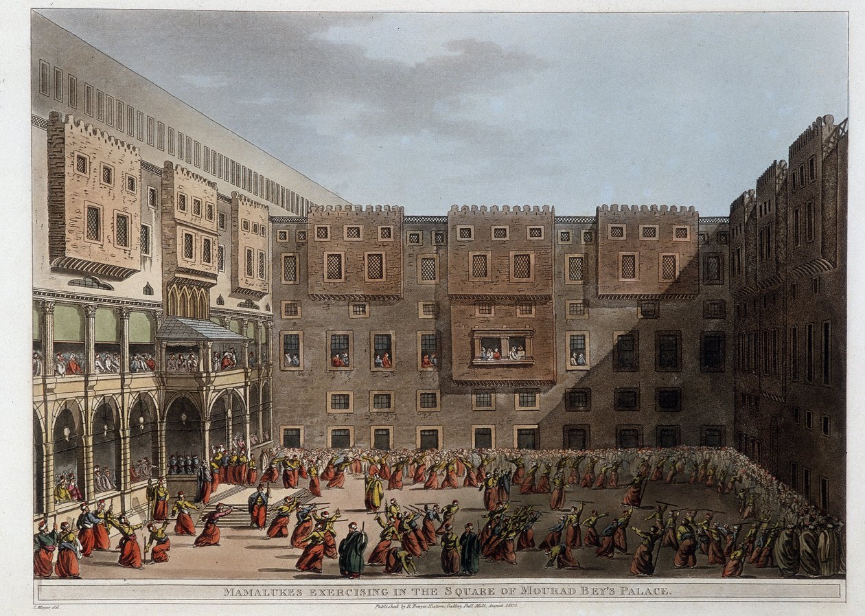 Mamelucos practicando en el patio del Palacio Mourad Bey - en "Vistas en Egipto, Palestina y otras partes del Imperio Otomano" de Unknown artist