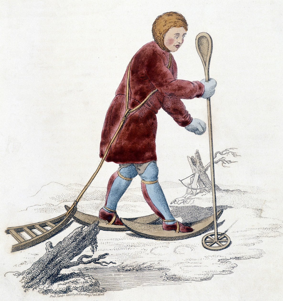Hombre de la tribu Ostiak (Khanty o Khante) (tribu de cazadores paleosiberianos establecida en el área forestal del valle medio del Ob) cazando armiños. Ilustración de 1803 de Unknown artist