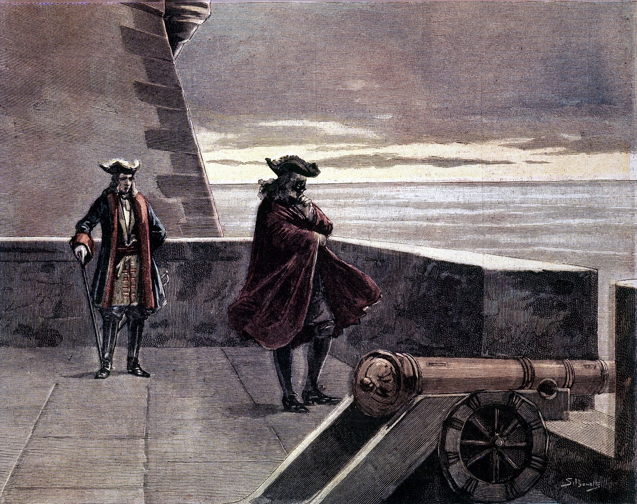 Hombre con máscara de hierro en su torre. Grabado del siglo XIX. de Unknown artist