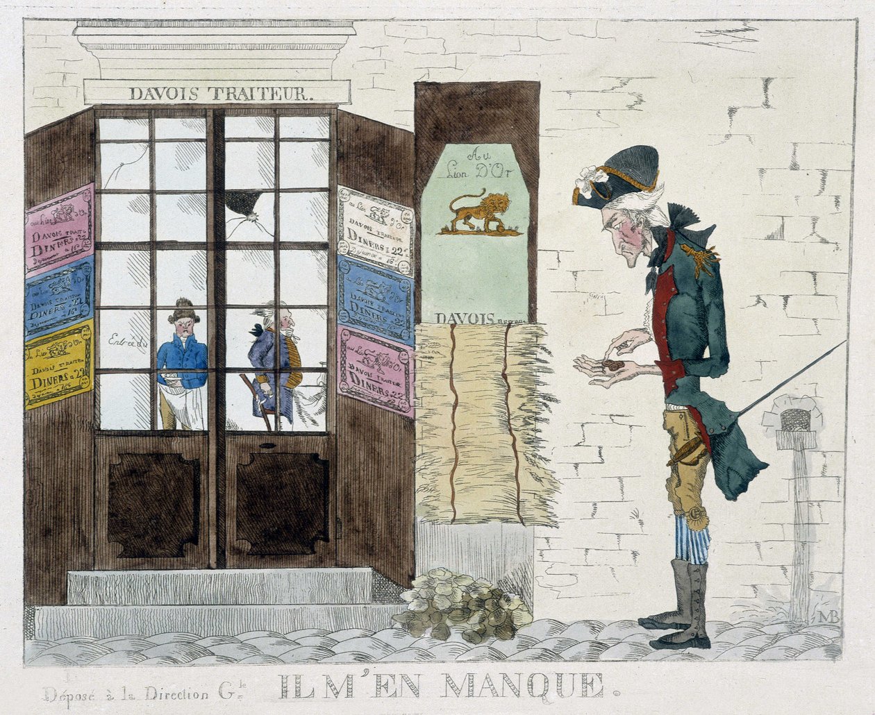 Hombre sin un centavo frente a la tienda de catering - grabado de Unknown artist