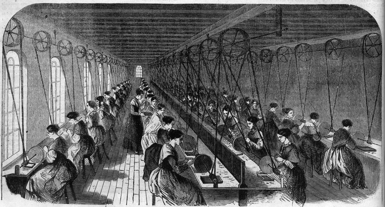 Fabricación de pluma cementada: trabajadores en un taller de impresión en una fábrica de Birmingham en “Le Journal Illustre” de Unknown artist