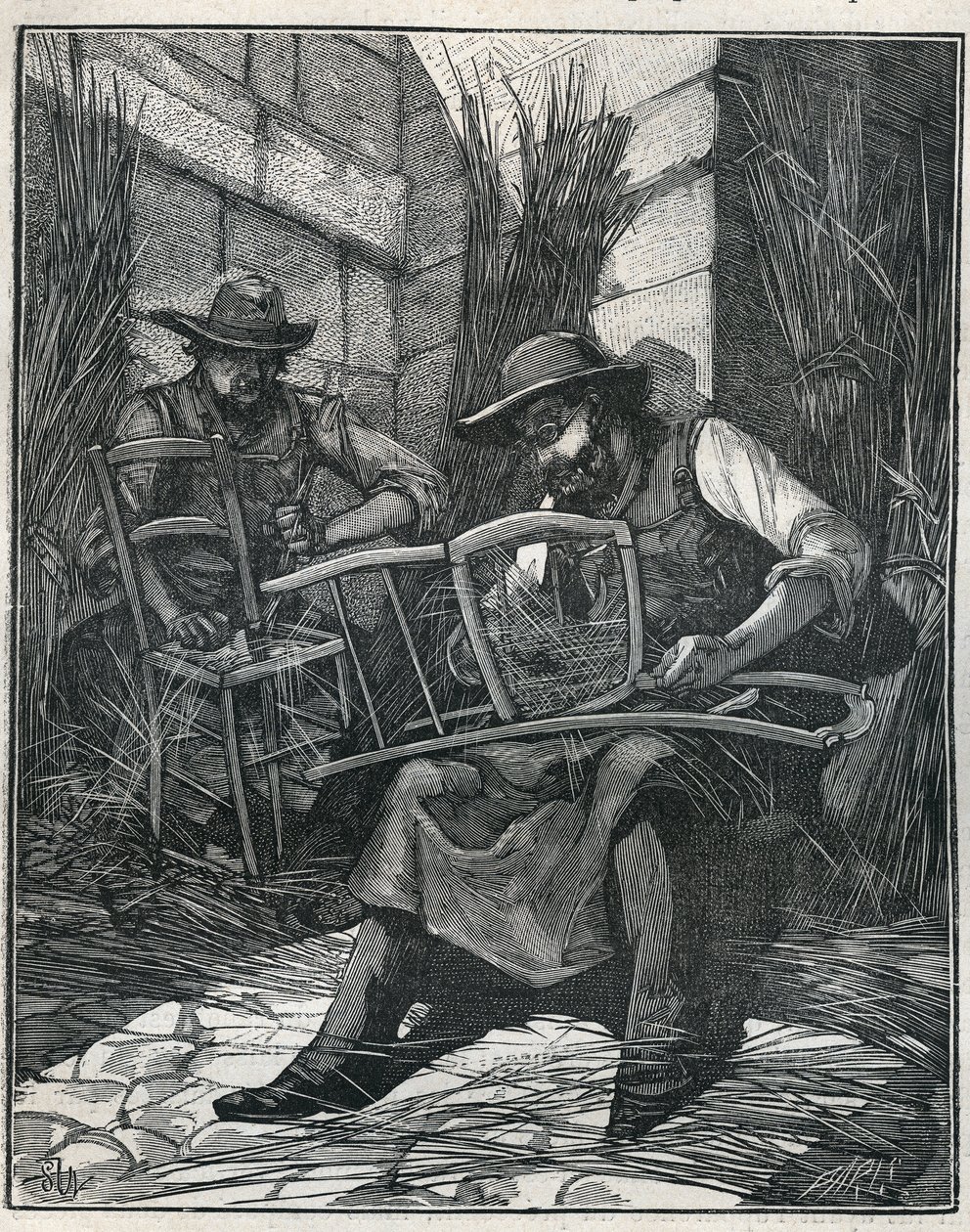 Fabricación de sillas: acolchado y enrejado de sillas. Grabado de 1885 en “Les arts et metiers illustres” por Adolphe BITARD. de Unknown artist