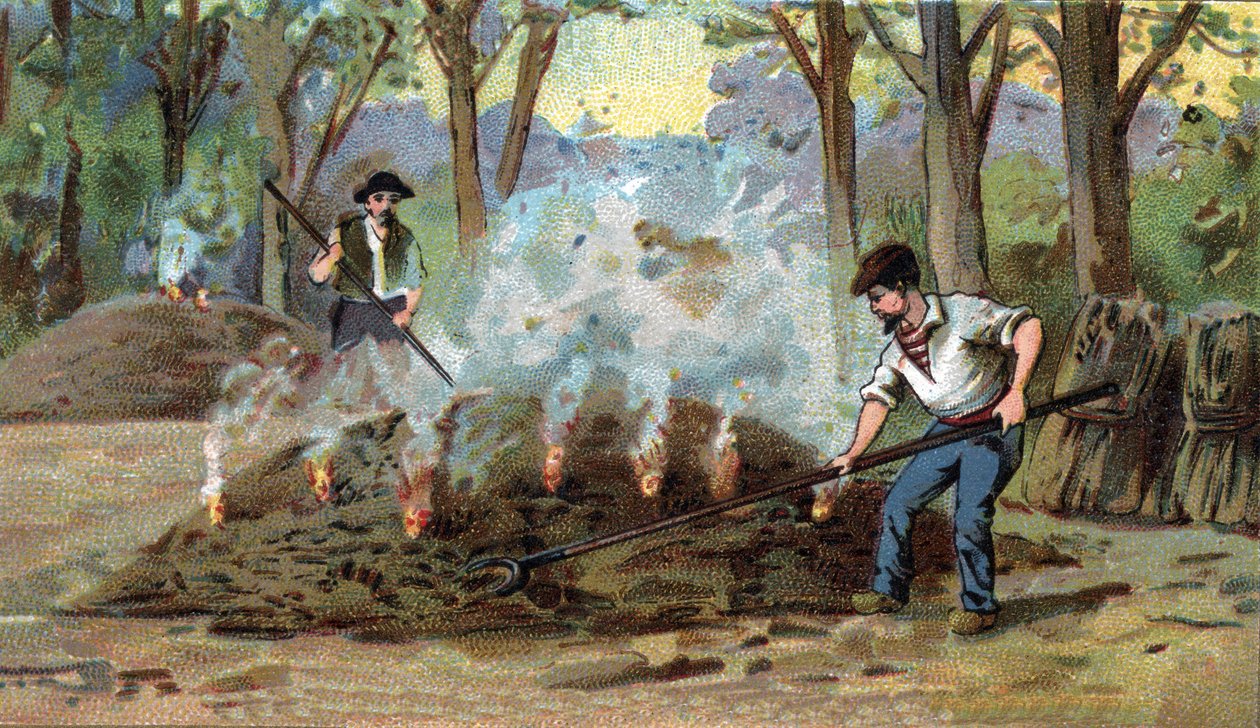 Fabricación de carbón, horno de combustión. Cromolitografía de finales del siglo XIX de Unknown artist