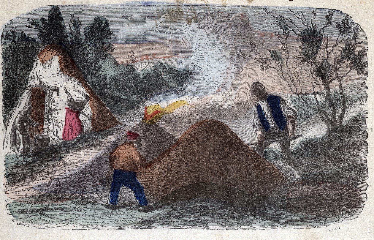 Fabricación de carbón en el siglo XIX: carboneros frente a muelas compuestas de troncos de madera y arcilla a las que prenden fuego. Grabado de finales del siglo XIX. de Unknown artist
