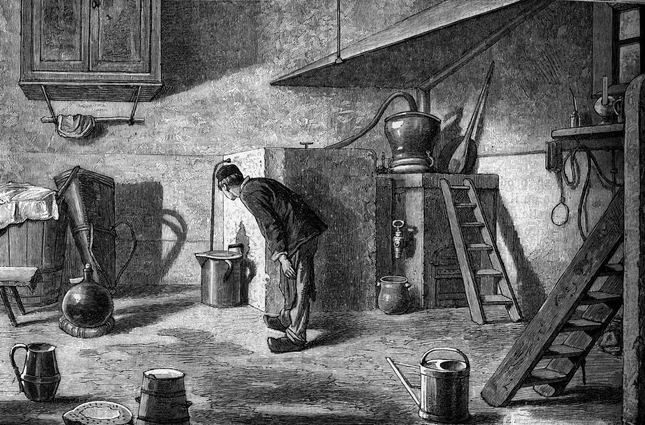 Fabricación de kirsch: destilación, castillo de Isenberg en Alsacia. Grabado en "Le Journal de la jeunesse" de Unknown artist