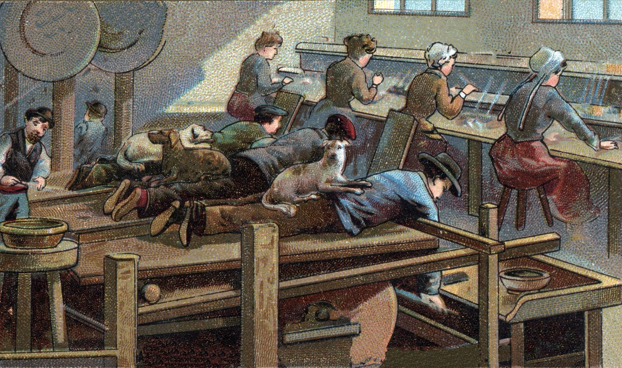 Fabricación de cuchillos, taller de moldeo. Cromolitografía de finales del siglo XIX de Unknown artist