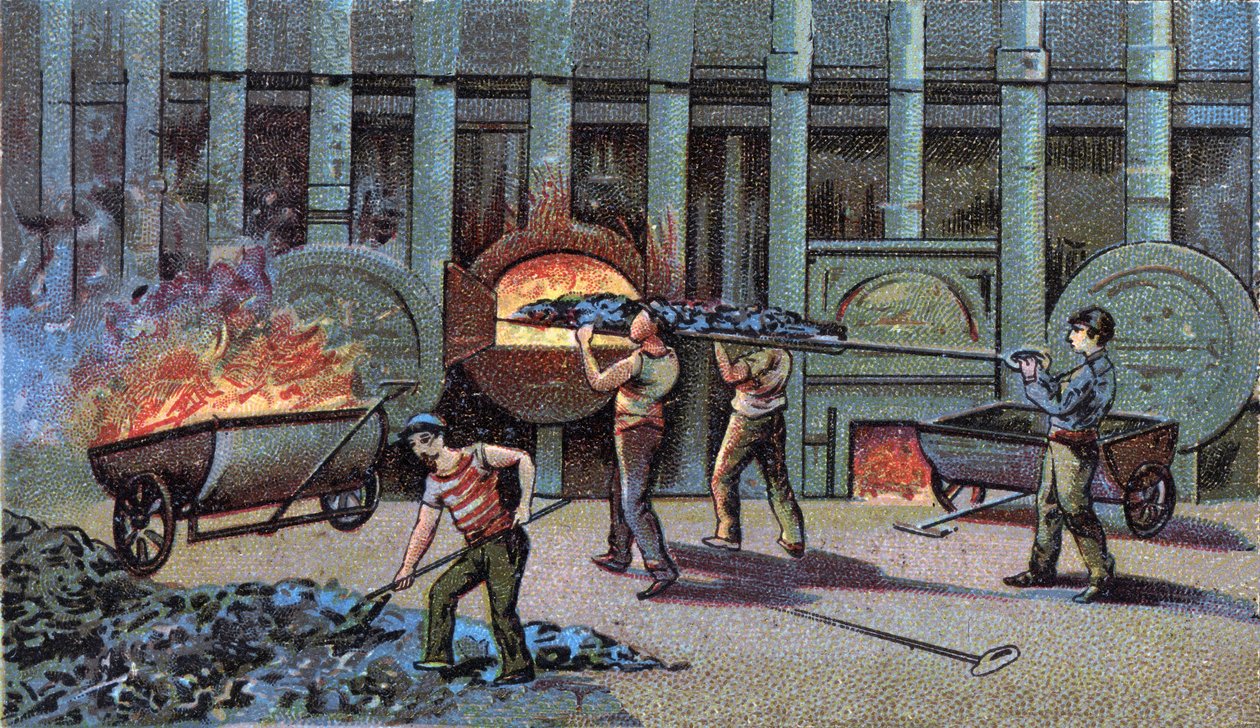 Fabricación de gas de iluminación, cornu delutor. Cromolitografía de finales del siglo XIX de Unknown artist