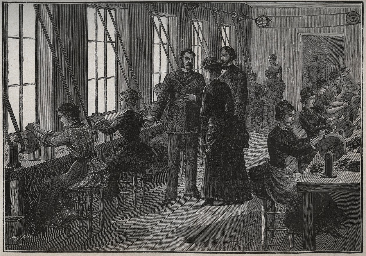 Fabricación de plumas metálicas: taller de afilado en Francia en el siglo XIX. Grabado de 1885 en "Les arts et metiers illustres" por Adolphe BITARD de Unknown artist