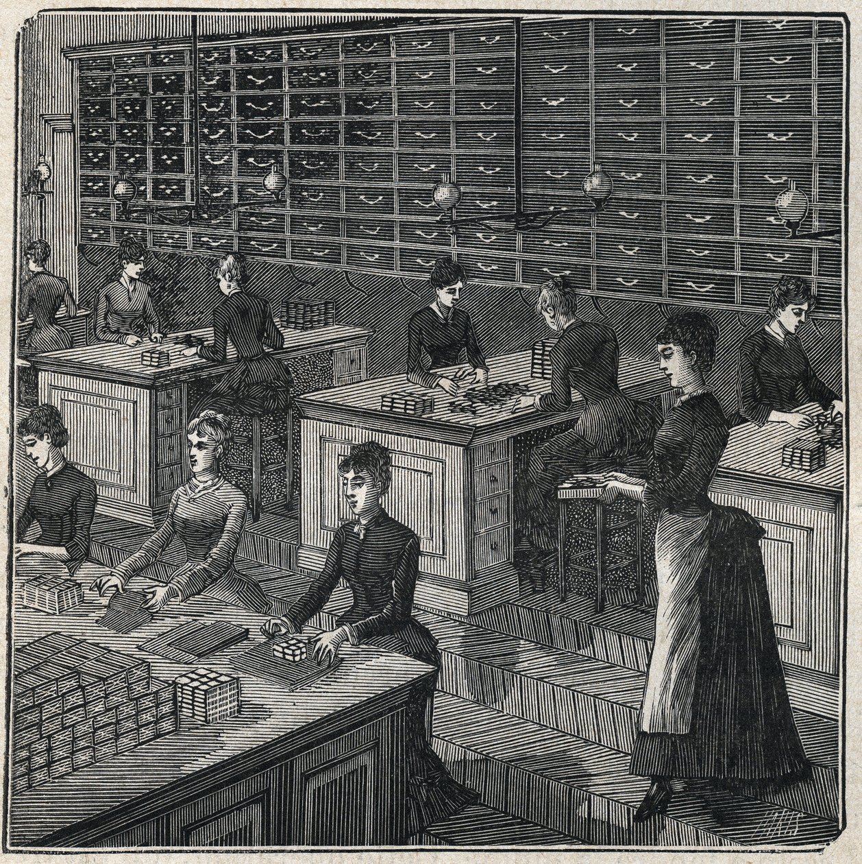 Fabricación de plumas metálicas: clasificación y envoltura de plumas en una fábrica en Francia en el siglo XIX. Grabado de 1885 en “Les arts et metiers illustres” de Adolphe Bitard. de Unknown artist