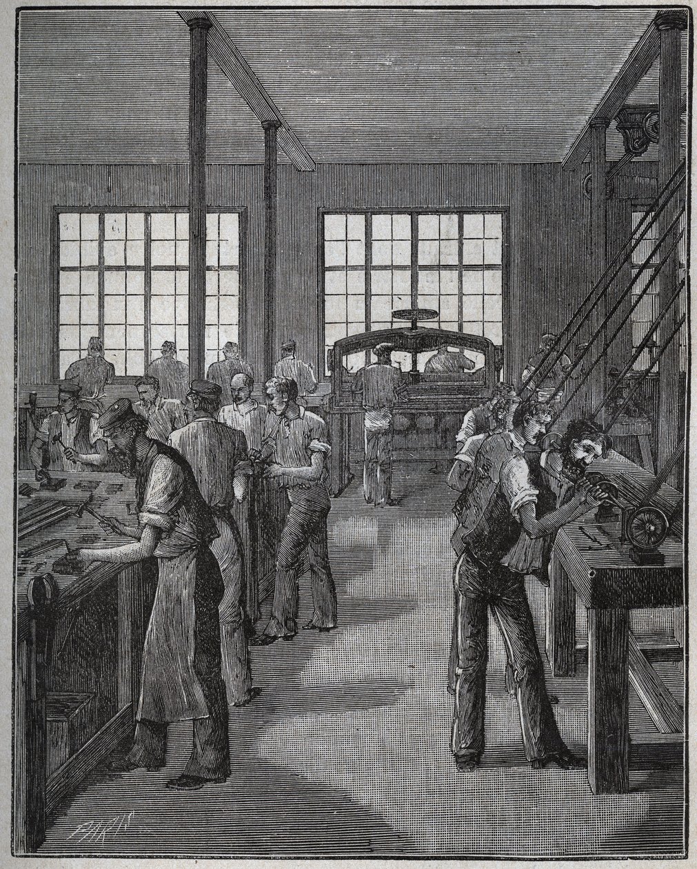 Fabricación de portaplumas y portalápices. Grabado de 1885 en “Les arts et metiers illustres” de Adolphe Bitard. de Unknown artist