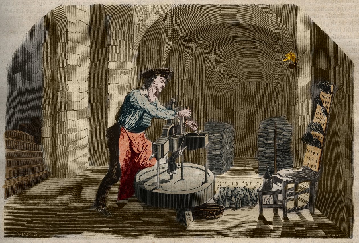 Fabricación de vino espumoso de Champagne: máquina embotelladora utilizada en una bodega. Grabado de 1858 en "Le Musée Des Sciences". de Unknown artist