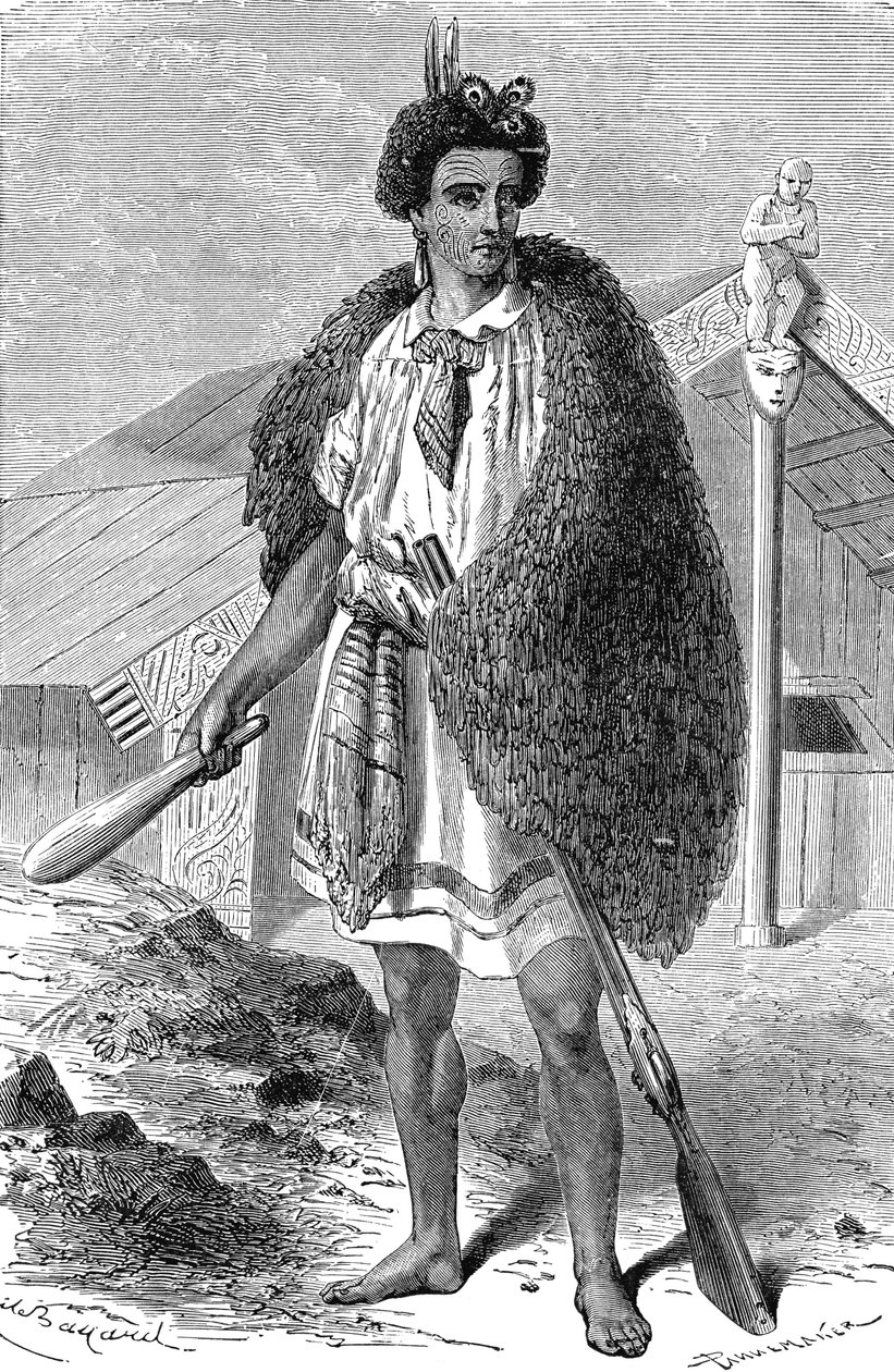Cocinero maorí en los alrededores de AUCKLAND, Nueva Zelanda. Grabado 1885 de Unknown artist