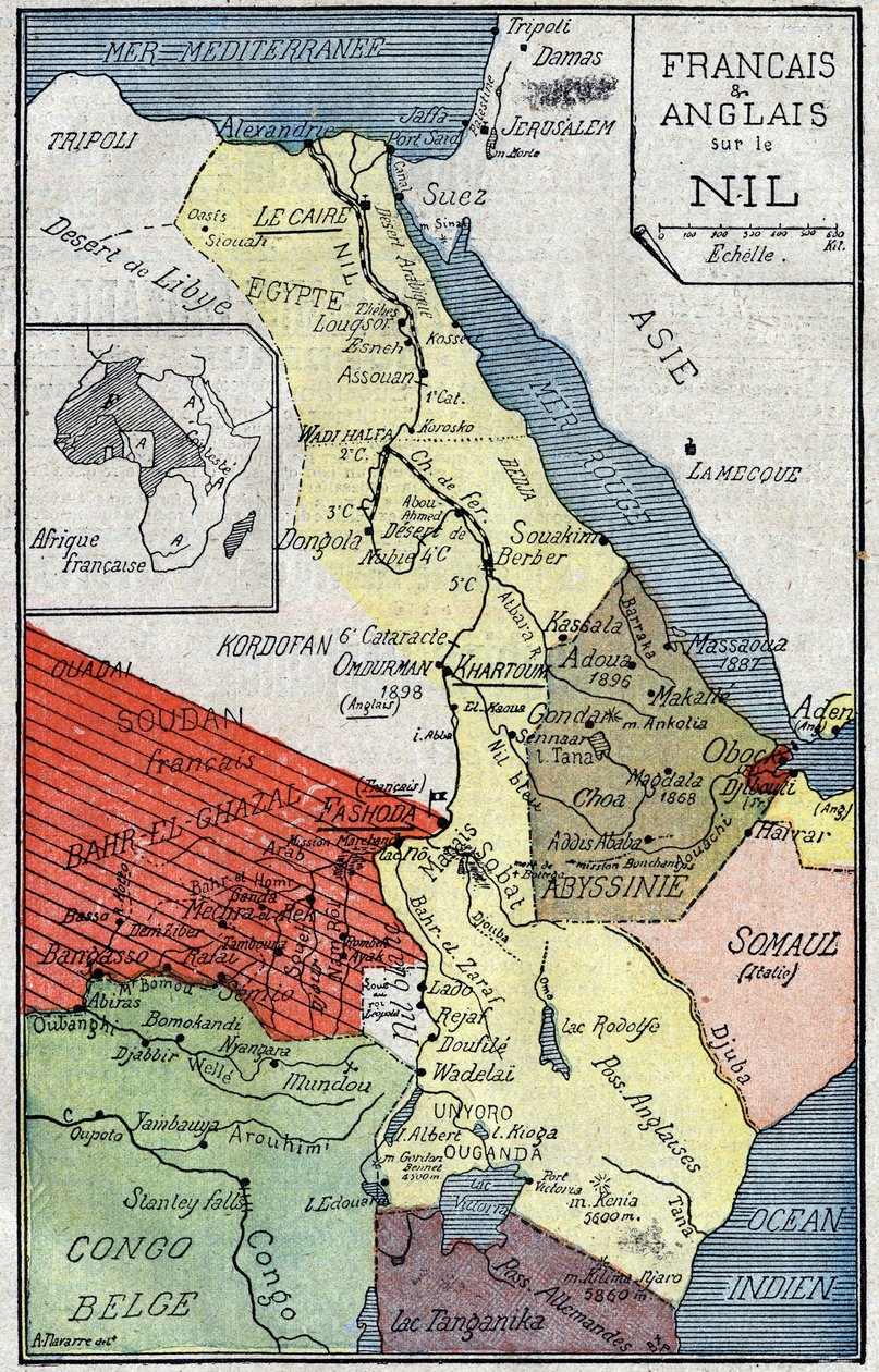 Mapa de los territorios africanos colonizados por franceses e ingleses a lo largo del Nilo. Ilustración en “Le Pelerin” del 2 de octubre. de Unknown artist
