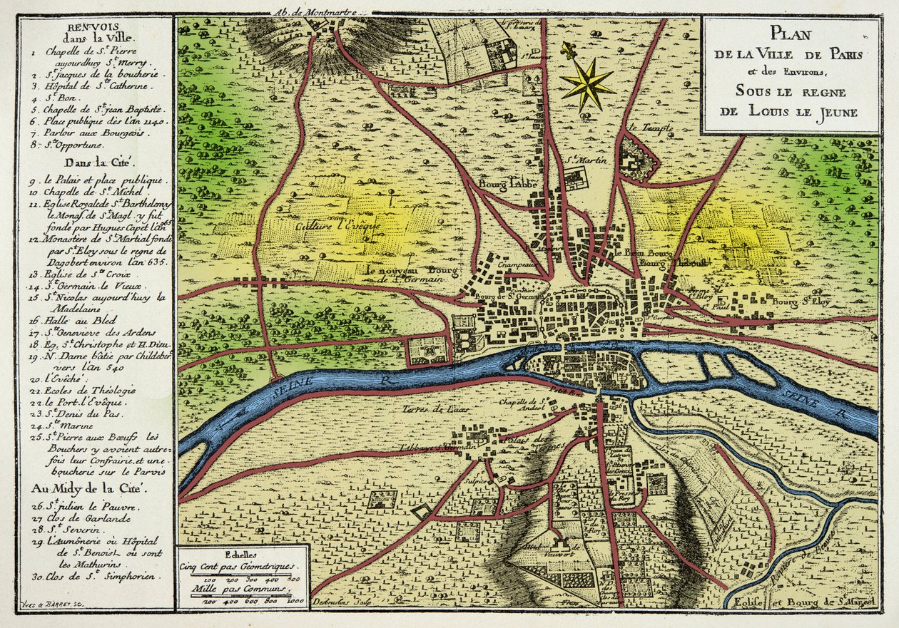 Mapa de la Ciudad de París bajo el Reinado de Luis el Joven (Luis VII 1120-1180) Rey de los Francos. Grabado del siglo XIX de Unknown artist