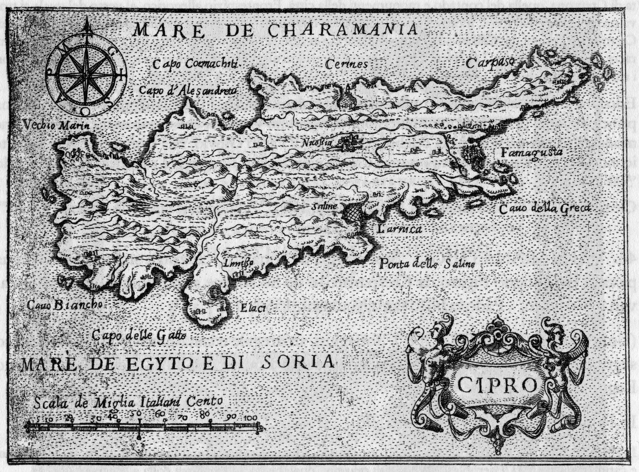 Mapa de la isla de Chipre en 1587 en “Il devotissimo viaggio di Gerusalemme” de Unknown artist