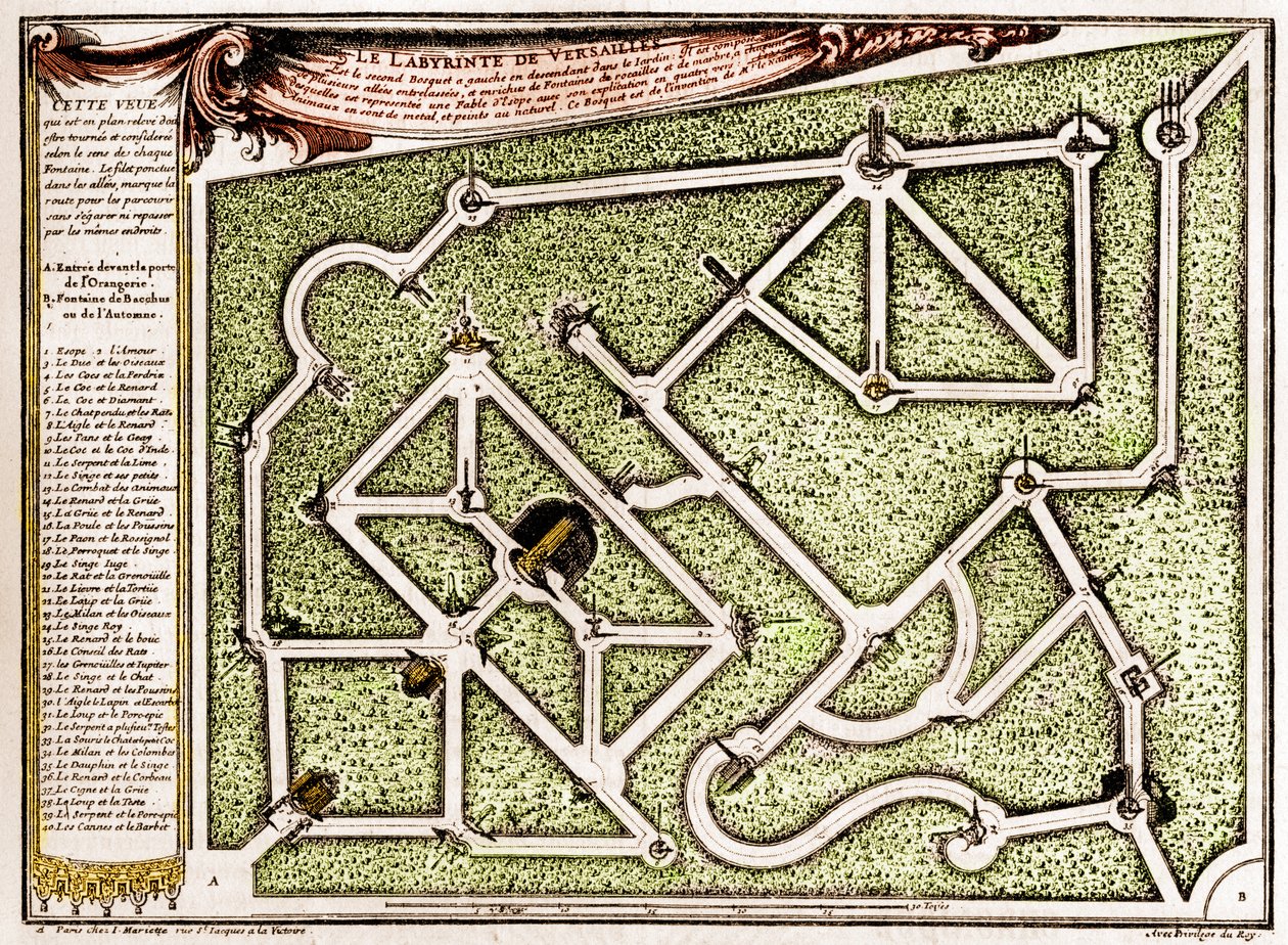 Mapa del laberinto en el parque del castillo de Versalles, creado por André Le Nôtre (1613-1700). Grabado en "La Nature. Revue des sciences et de ses aplicaciones aux arts et a l