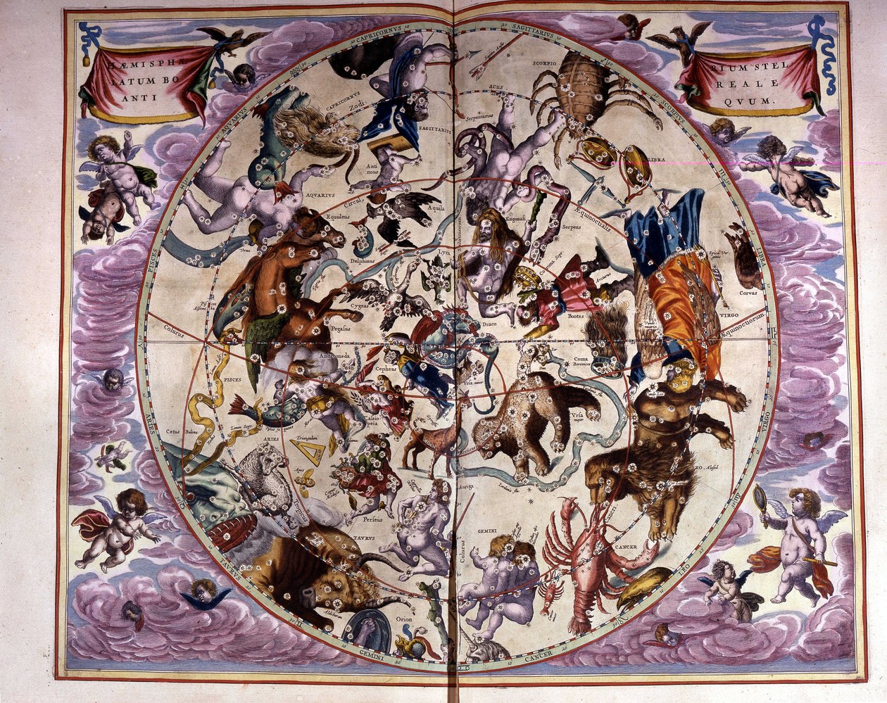 Mapa del cielo y signos del zodiaco - facsímil de una composición antigua que representa las constelaciones del cielo del norte, según la “Harmonia Macrocosmica” de André Cellarius de Unknown artist