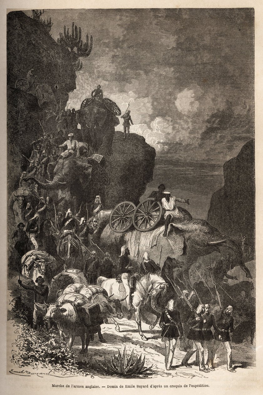 Marcha del ejército inglés hacia la meseta de Dalanta, siguiendo a las tropas del emperador Theodoros (circa 1818-1868), con elefantes para el transporte de piezas de artillería. Grabado para ilustrar la historia 
