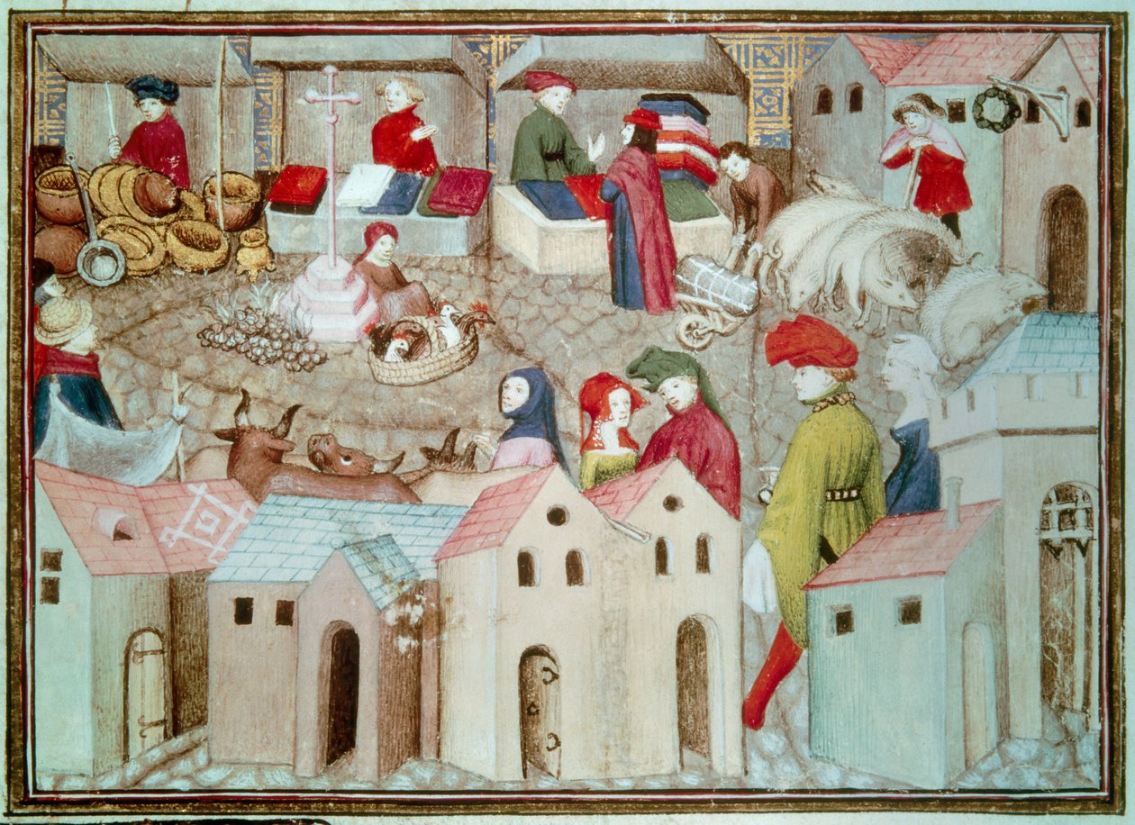 Mercado de Champeaux en París. Comerciantes de ganado y aves, pañeros. Miniatura tomada de El Caballero Errante de Thomas de Saluces (Tommaso III di Saluzzo), circa 1403-1404. París, B.N. de Unknown artist
