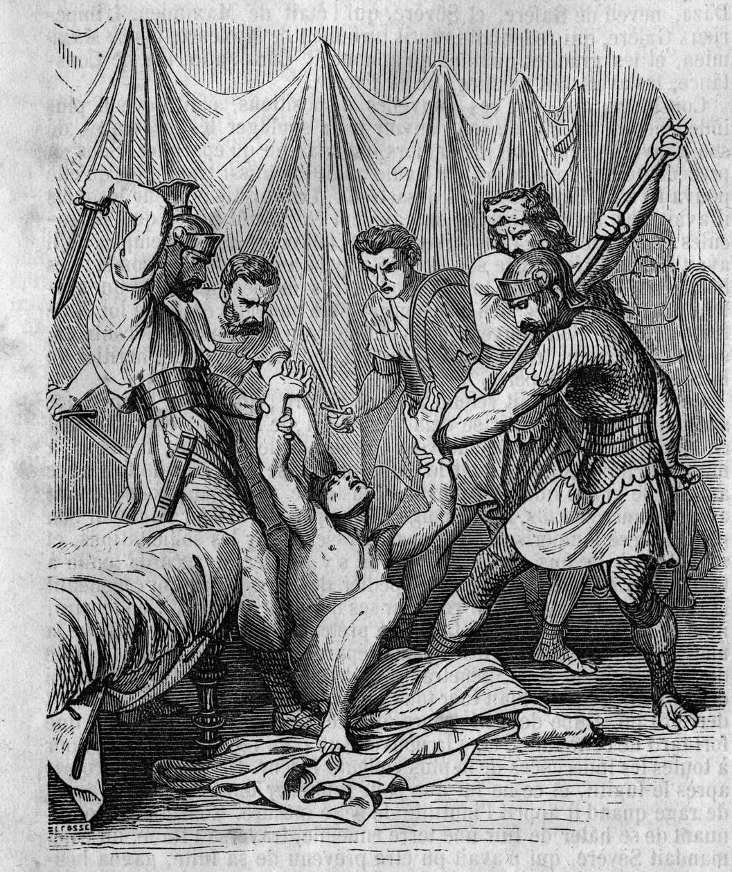 Marcus Hordeonius Flaccus, senador romano, masacrado por sus propios soldados en el siglo I. Grabado del siglo XIX. de Unknown artist