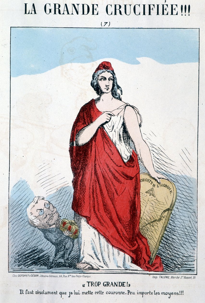 Marianne sosteniendo los Derechos Humanos en su mano a quien Thiers quiere poner una corona - Caricatura de Unknown artist