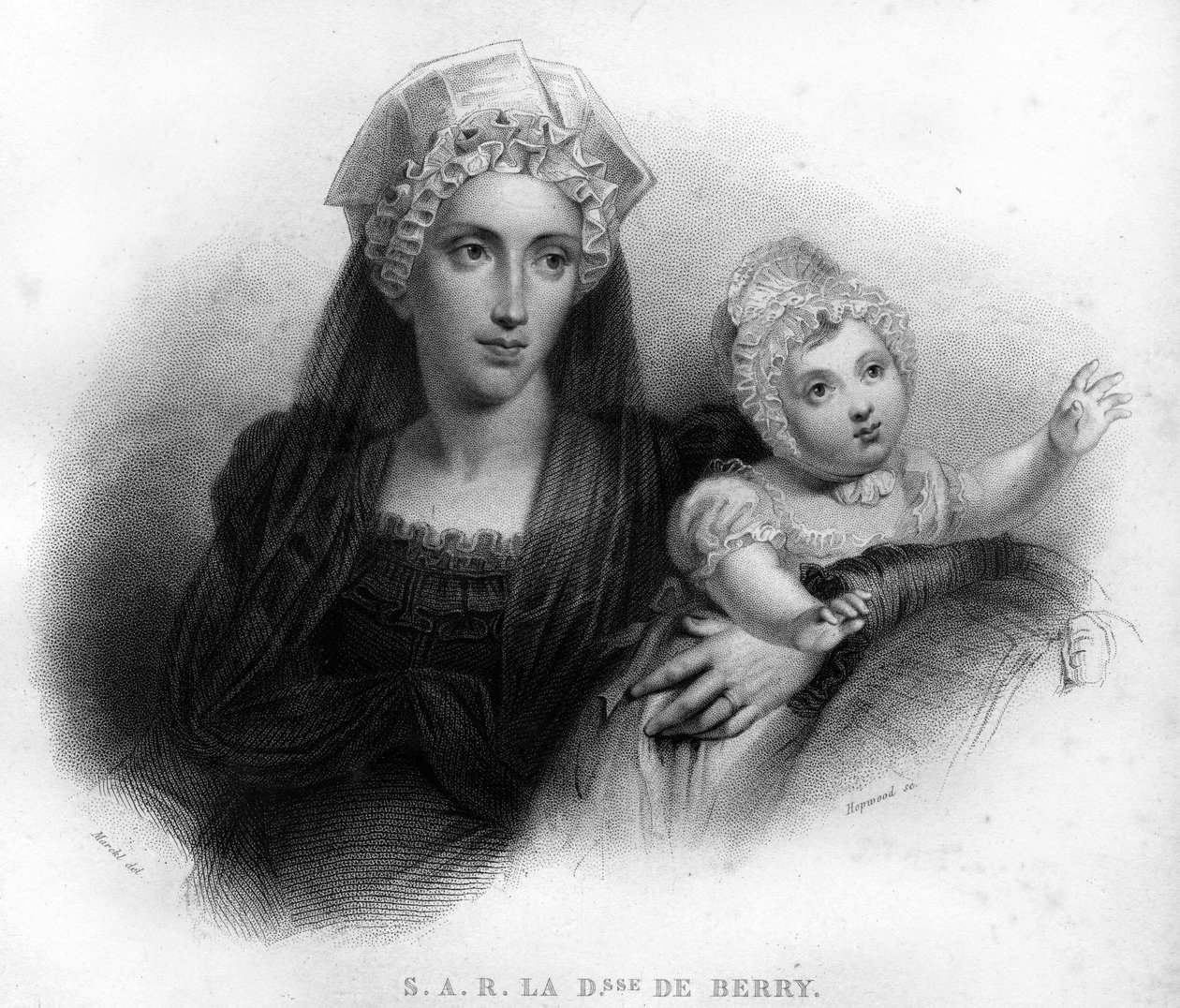 Marie - Caroline de Borbón Sicilia, Duquesa de Berry (1798-1870) en vestido de viuda, sosteniendo a su hija Louise Marie Therese de Artois (1819-1864). Grabado de 1820. de Unknown artist