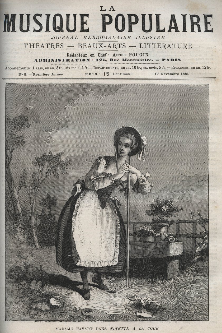 Marie Justine Benoite Duronceray (Madame Favart) en "Ninette a la cour ou le Caprice amoureux" - comedia en tres actos y verso, mezclada con arietas, por Charles Simon Favart - grabado en "La musique populaire" periódico semanal ilustrado de Unknown artist