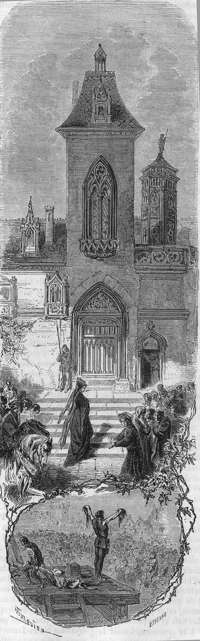María de Borgoña pide la gracia de sus ministros. Muerte de Hugonat y el Señor de Humbercourt el 3 de abril de 1477. Grabado del siglo XIX. de Unknown artist