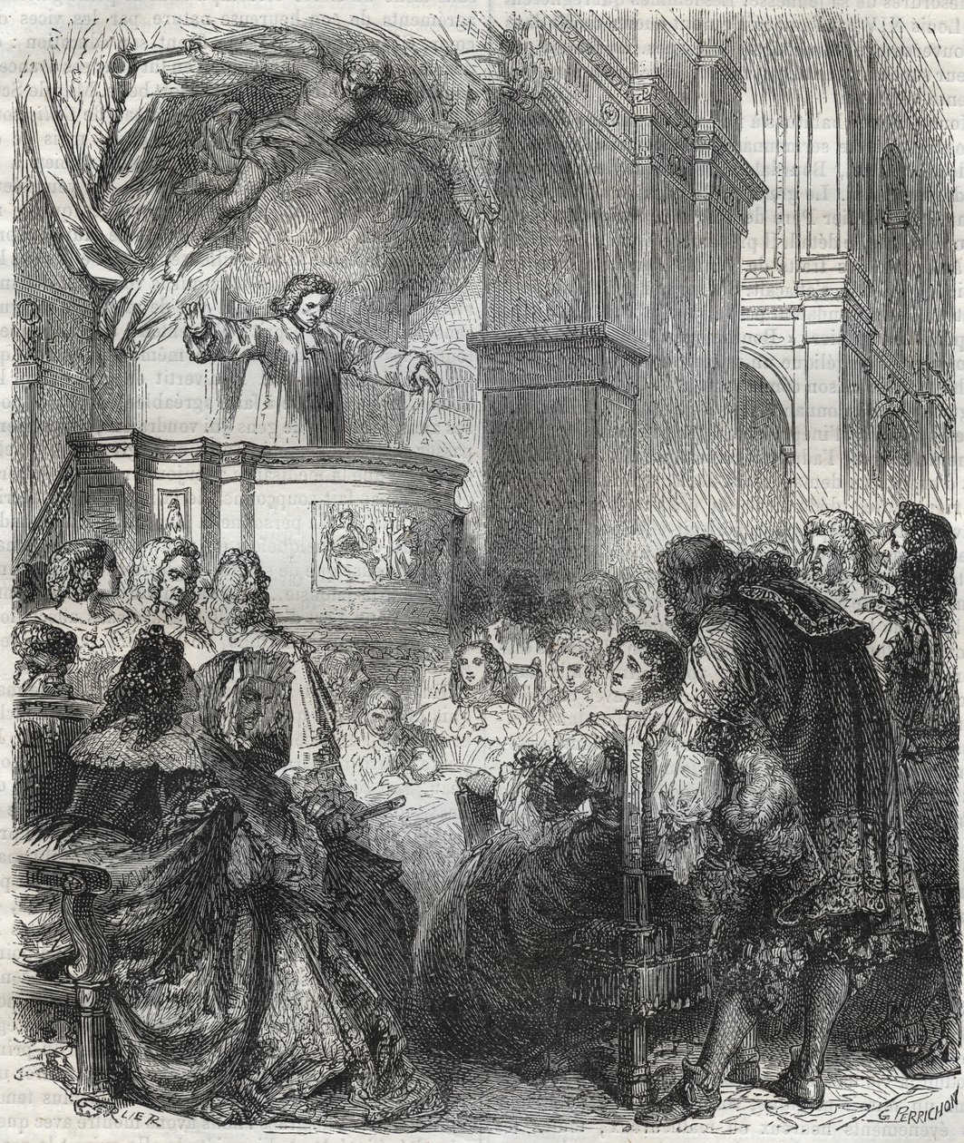 María de Rabutin-Chantal, marquesa de Sévigné conocida como Madame de Sévigné (1626-1696), escucha a Louis Bourdaloue (1632-1704) francés en la iglesia de los jesuitas, Saint-Louis en París - grabado de 1866 de Unknown artist