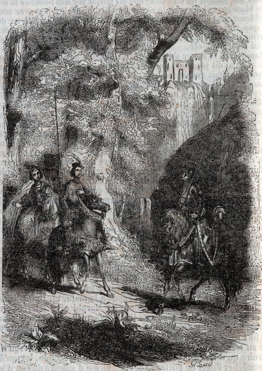 Marphise y la anciana se encuentran con Pinabel - grabado de 1851 de “Furious Roland” (Orlando furioso) (siglo XVI) por Ludovico Ariosto, conocido como el Ariosta - Edición traducida del italiano por el Conde de Tressan y publicada por Gustave Harvard de Unknown artist