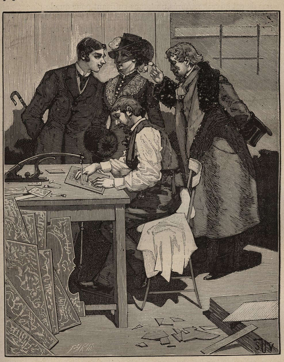 Marquetería: marquetería tiene la obra. Grabado de 1885 en “Les arts et metiers illustres” de Adolphe BITARD. de Unknown artist