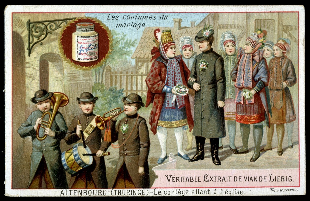Costumbres matrimoniales: la procesión hacia la iglesia en Altenburg (Turingia) - cromo. Liebig, v. 1895 de Unknown artist