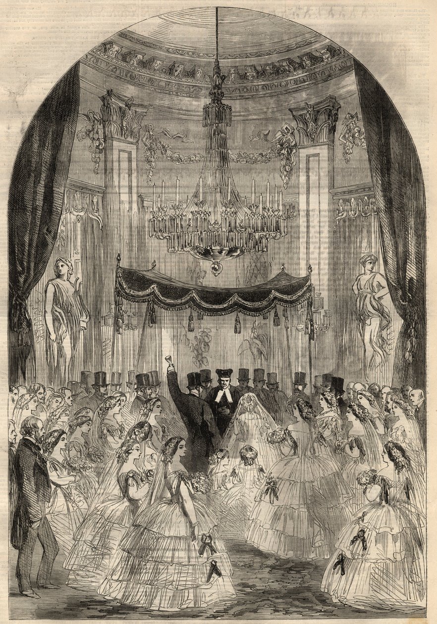 Matrimonio del Barón Alphonse de Rothschild (1827-1905) y Leonora de Rothschild (1837-1911). La novia aprendió a lanzar una bebida al suelo, la última etapa de un matrimonio judío llamado el “vidrio roto”. Grabado en “The Illustrated London News” de marzo. de Unknown artist