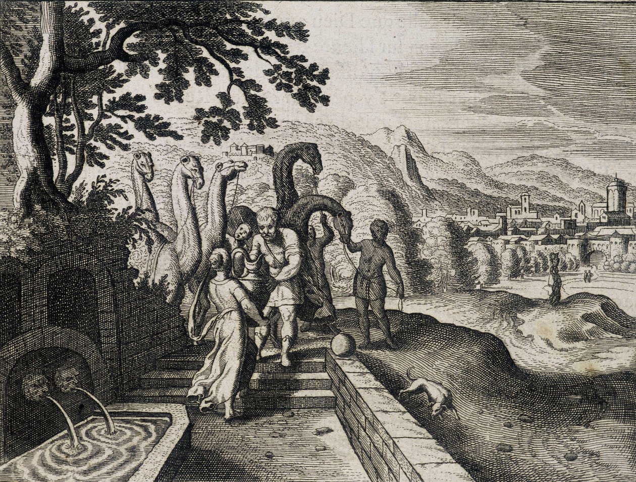 Matrimonio de Isaac y Rebeca. Grabado de una Biblia del siglo XVII de Unknown artist