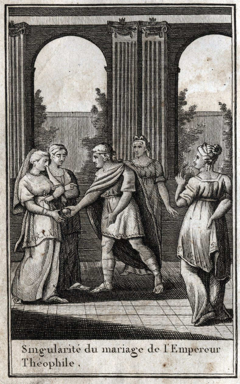 Matrimonio del emperador bizantino Teófilo (813-842): habiendo reunido a las mujeres más bellas del reino para encontrar esposa, eligió a Teodora y le ofreció una manzana dorada. Grabado en “Beaute de l