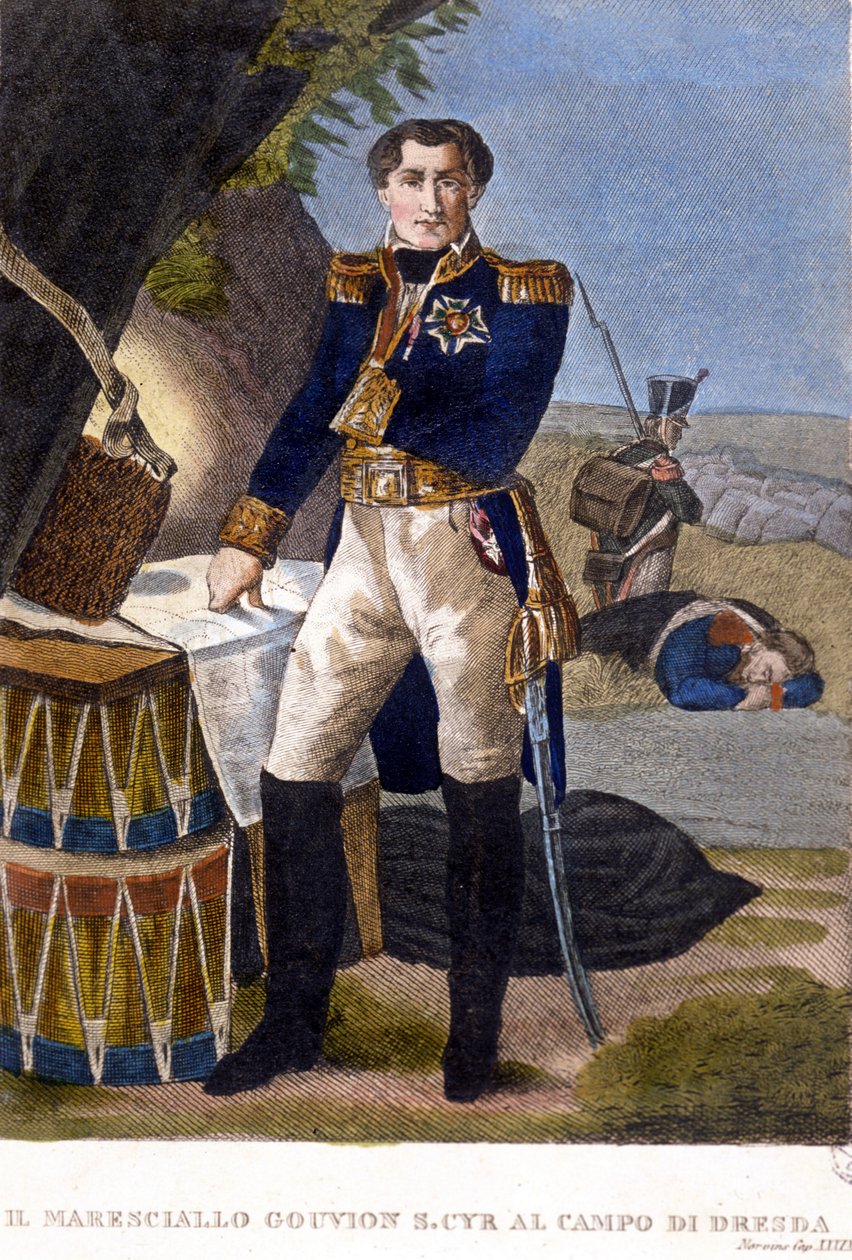 Mariscal Laurent Marqués de Gouvion Saint Cyr (1764-1830) en la Batalla de Dresde en 1813. grabado siglo XIX de Unknown artist