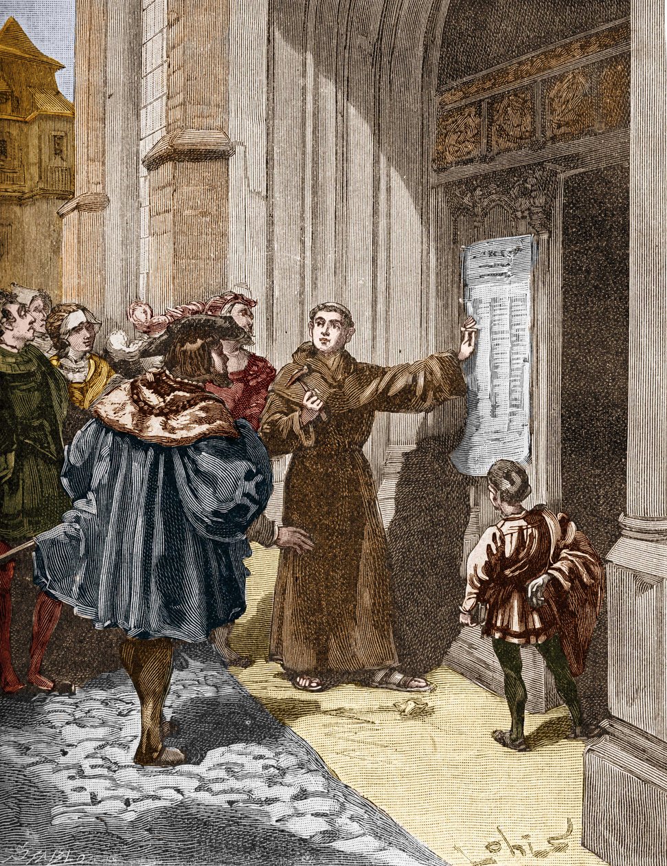 Martín Lutero (1483-1546) colgando sus 95 tesis en Wittenberg de Unknown artist