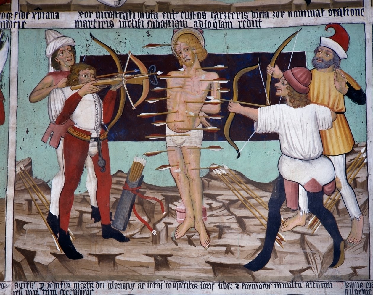 Martirio de San Sebastián, vida de San Sebastián (siglo XV), frescos, Capilla de San Sebastián, Villard-de-Lans, Ródano-Alpes, Francia. de Unknown artist