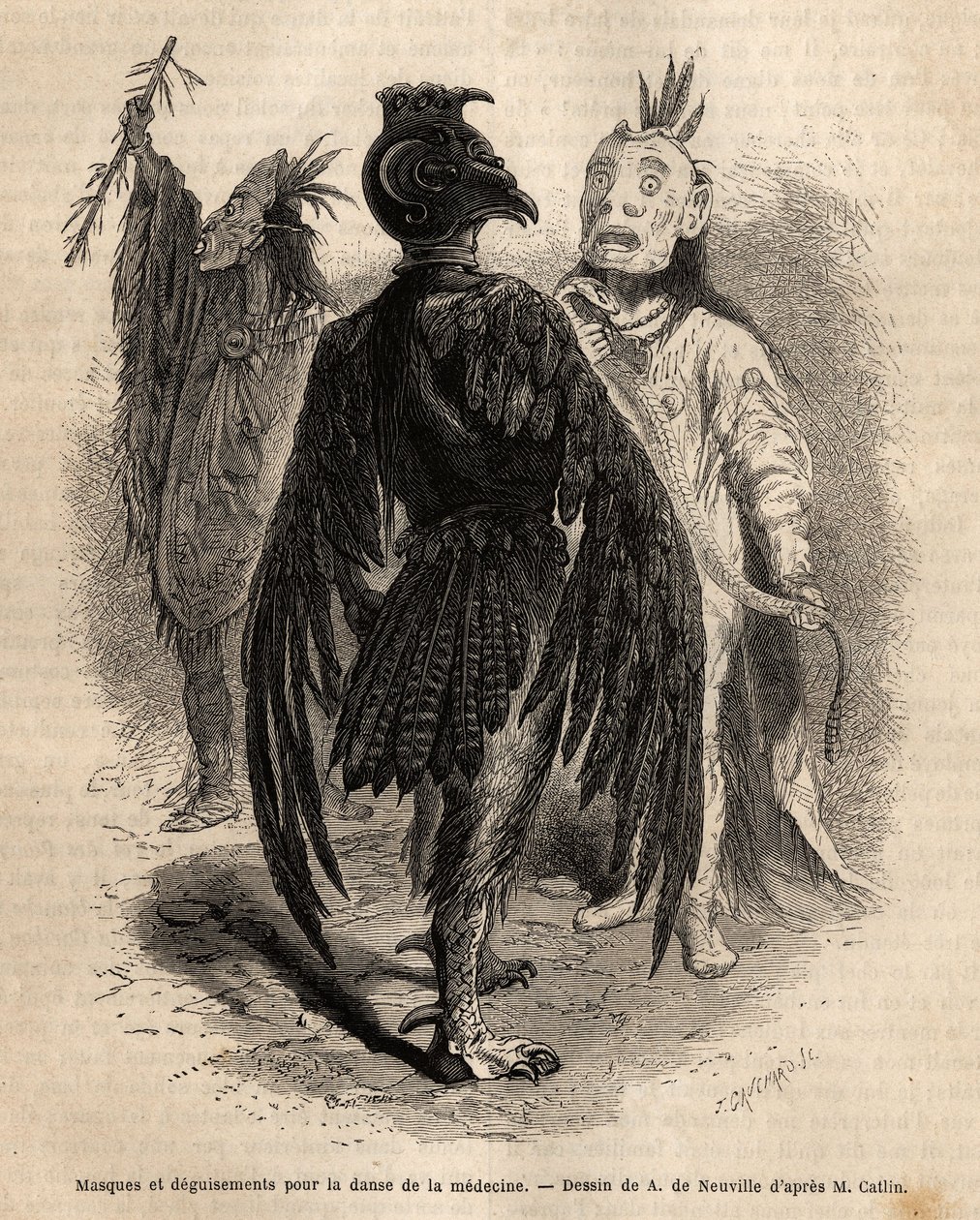 Máscaras y disfraces para la danza de la medicina entre los indios Naya. Grabado para ilustrar una excursión entre las tribus indias de las cuencas de Colombia y el Alto Missouri, por G. Catlin, en 1855, publicado en "le tour du monde", bajo la dirección de Unknown artist