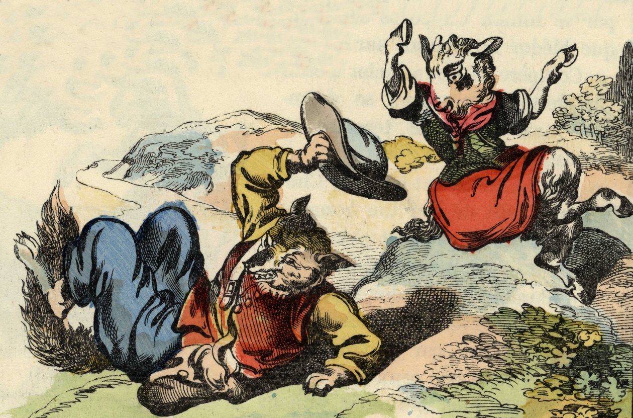 El maestro zorro juega con la Pequeña Cabra. Ilustración del cuento “Buen Medor y la Pequeña Chevrette”. En “Cuentos del hogar para los pequeños”. Grabado anónimo del siglo XIX. de Unknown artist